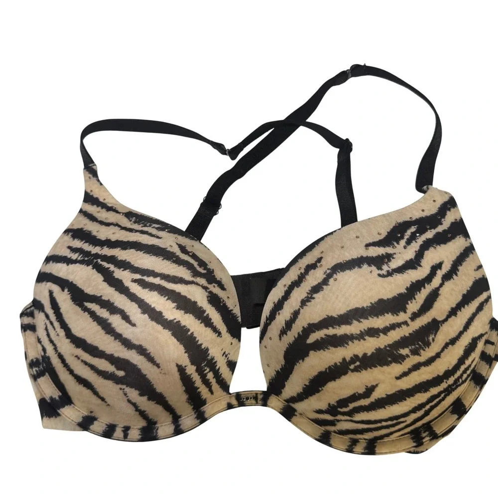 Victoria's Secret Push Up Bra 34D Beige Black Zebra Print Rhinestone‎ Detail